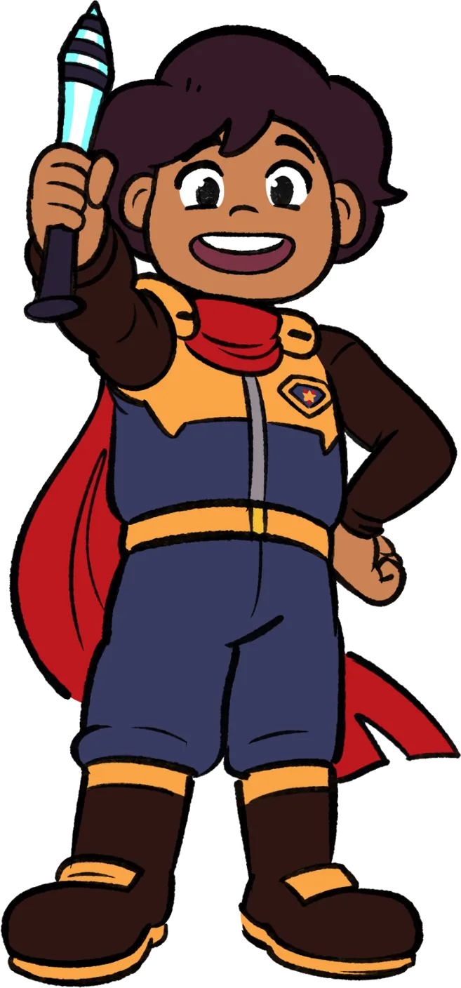 Miguel in a Starforce superhero pose